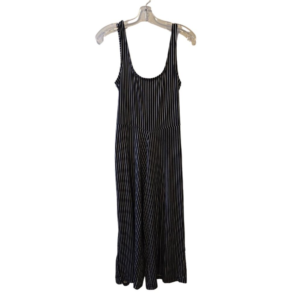 Womens Striped Soft Jumpsuit Black & White w Belt Spring Summer Wide Leg Sz L